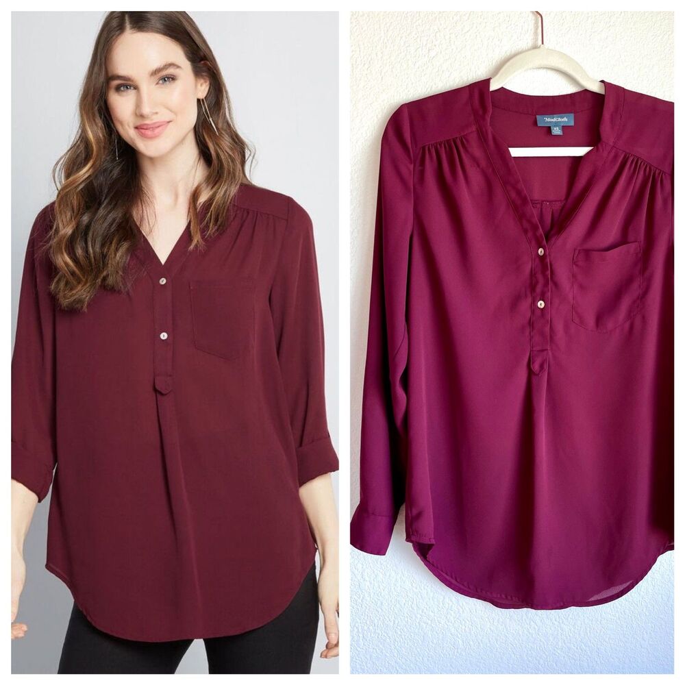 ModCloth Pam Breeze-ly Long Sleeve Tunic with Roll Tab Sleeves in Burgundy XS
